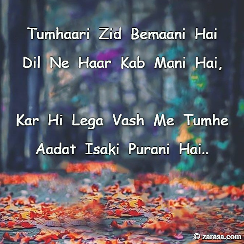 Zid Shayari “Tumhaari Zid Bemaani Hai Dil Ne Haar Kab Mani Hai,”